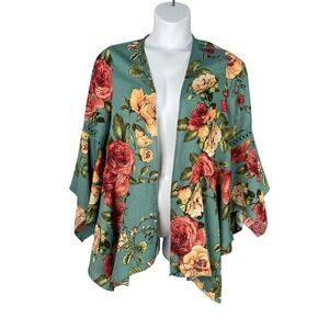 Oddy Cardigan Womens Large Turquoise Floral Crinkle Bell Sleeve Shark Bite